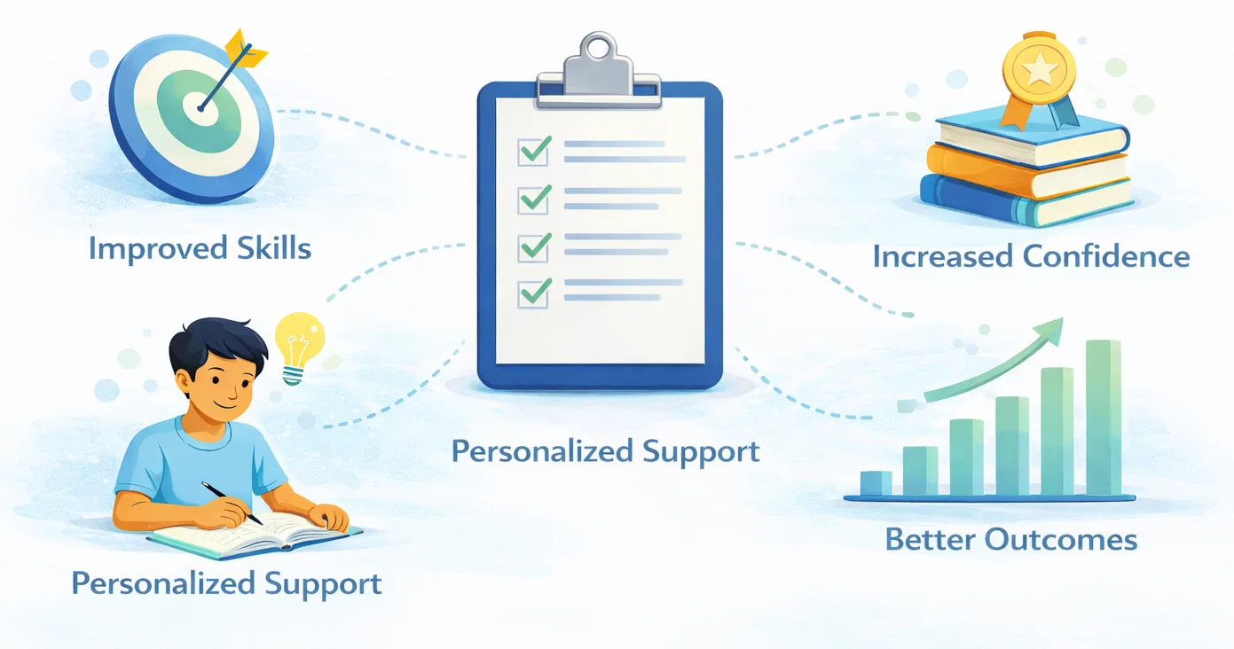 Diagram showing the benefits of tutoring, including confidence, understanding, and independence